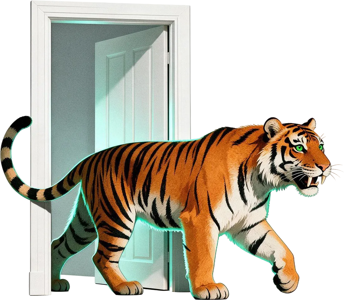 A tiger walks through the open white door