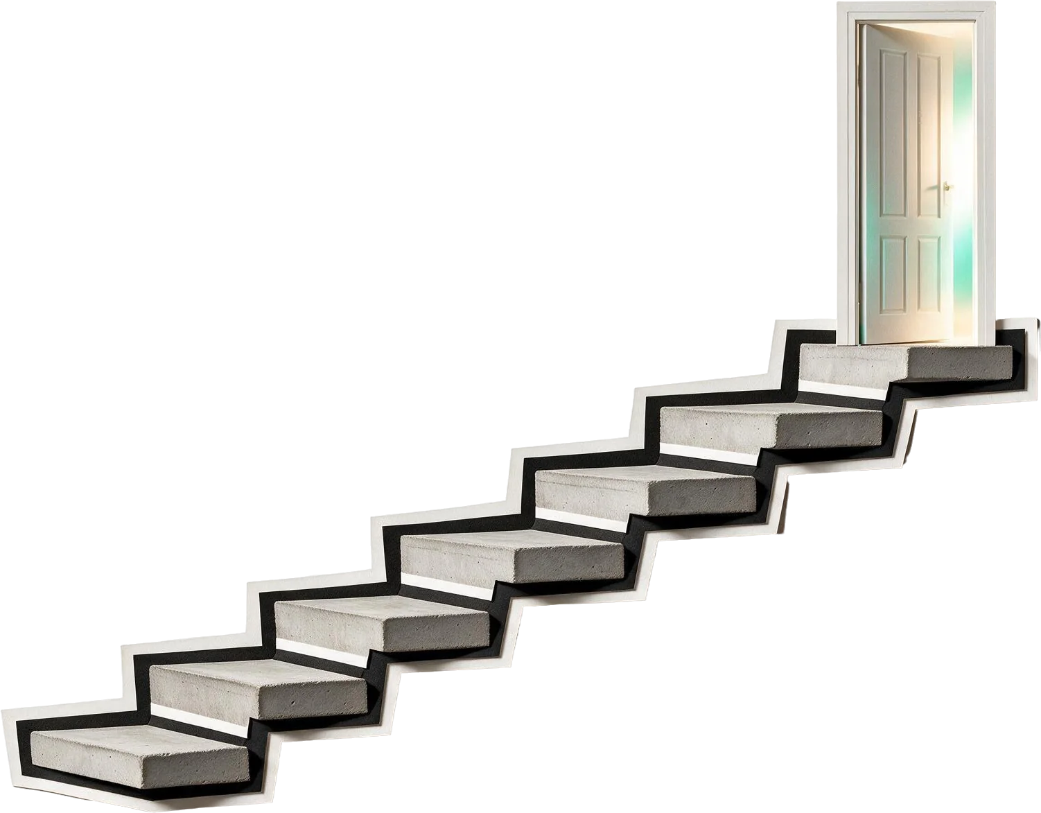 Concrete steps rising to a lit door